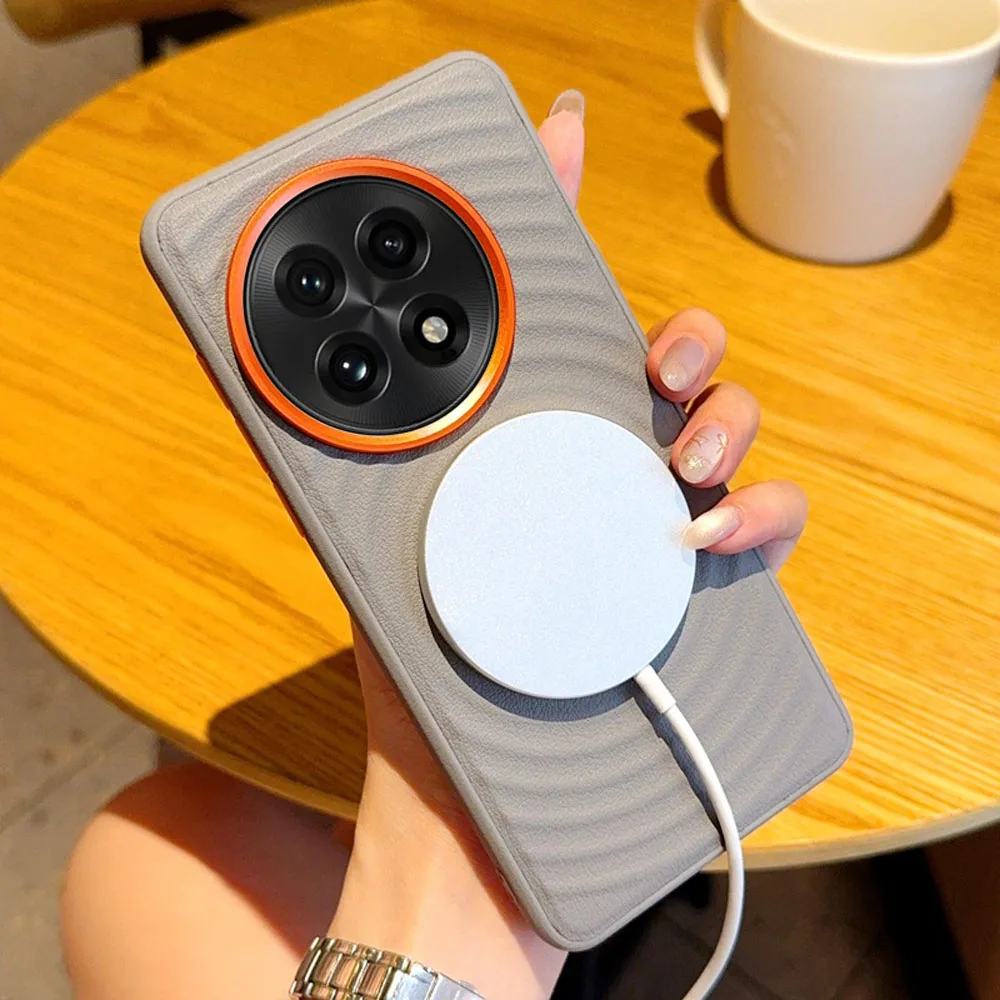 Luxury PU Leather Case with Ripple Pattern and Magnetic Wireless Charging Capability