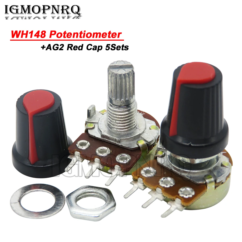 5Sets WH148 15mm 3pin + Red Rotary Switch Knobs Cap Kit 1K~1M Carbon Film Potentiometer B1K 2K 5K 10K 20K 50K 100K 250K 500K 1M 1