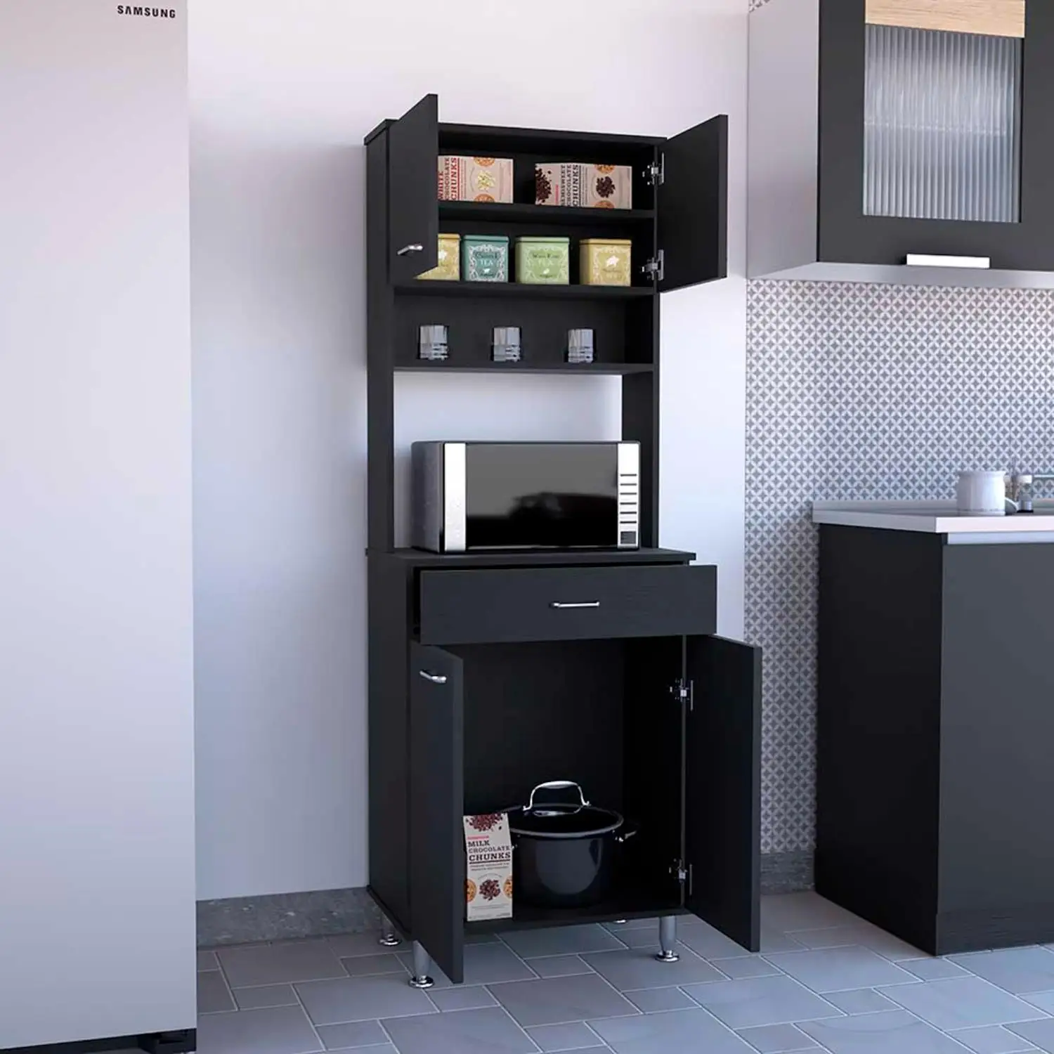 Della 60 Kitchen Pantry with Countertop, Closed & Open Storage Black 3