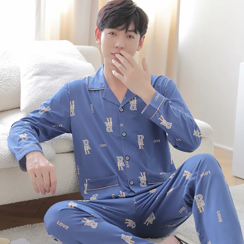 

100% Cotton Men's Pajamas Sets Plus Size 100KG Long Sleeve Buttons PJs Sleepwear Knit Cotton Home Clothes For Men 2 Pieces/Sets