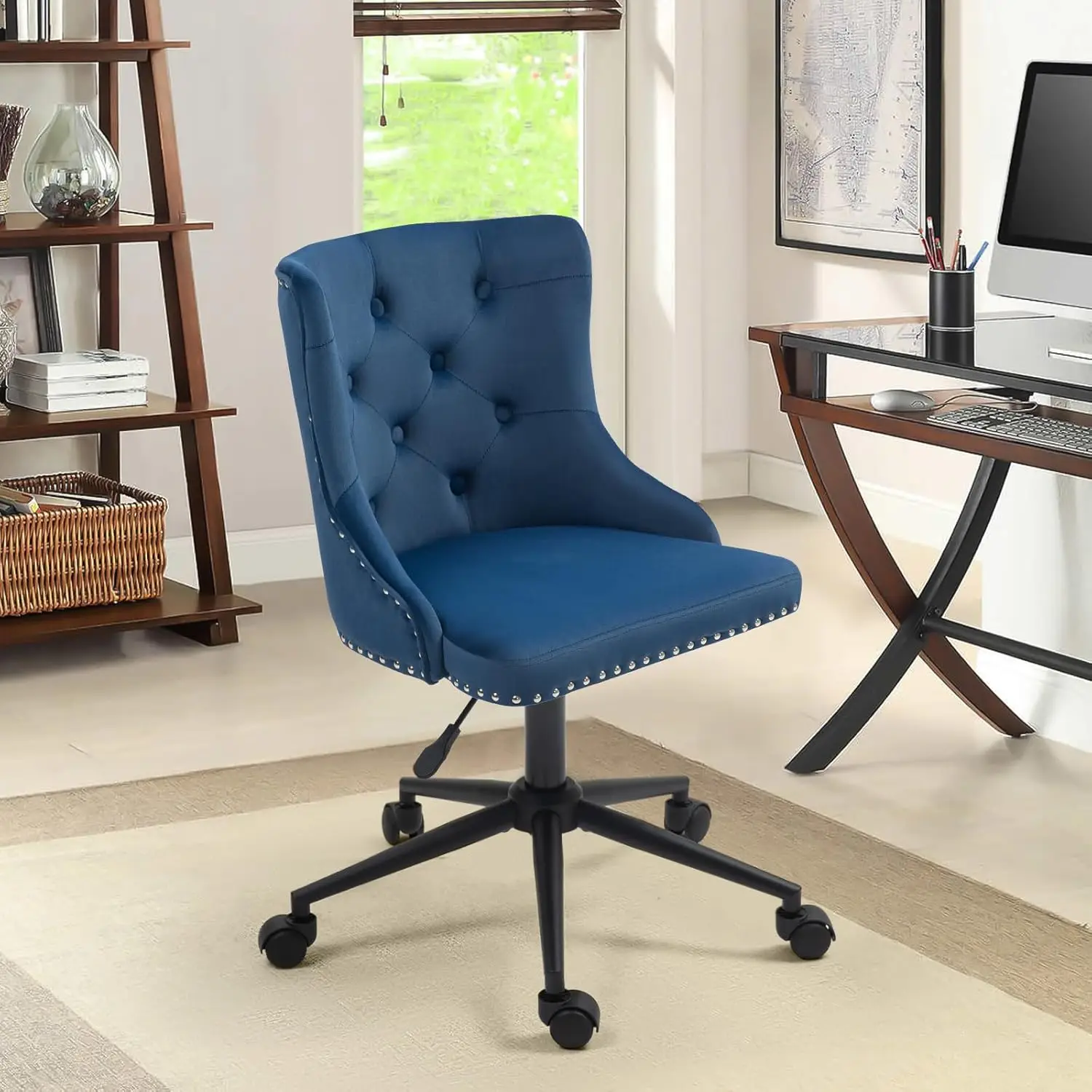 Upholstered Home Office Desk Chair with Height Adjustable Black Base and Mid-Back Tufted Nail Swivel Vanity Chair (Blue)