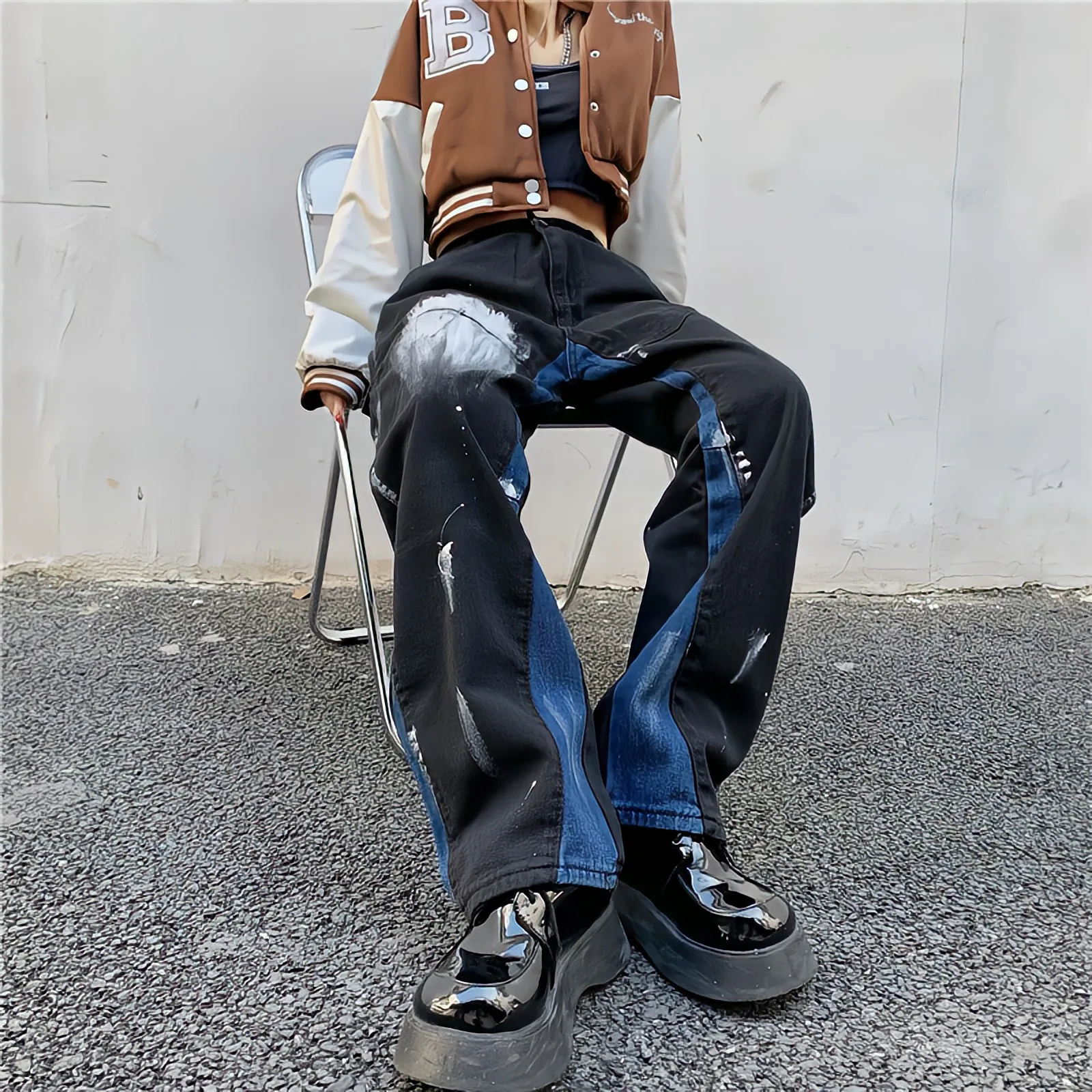 

Gothic Style Black Baggy Jeans Woman Graffiti Painting Vintage Pants Streetwear Y2k Oversize High Waist Wide Leg Denim Trousers