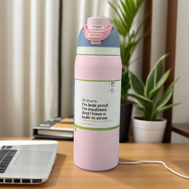 304ステンレス鋼製 32オンス 真空断熱スポーツウォーターボトル、携帯ハンドルとストロー付き、アウトドアアクティビティ用