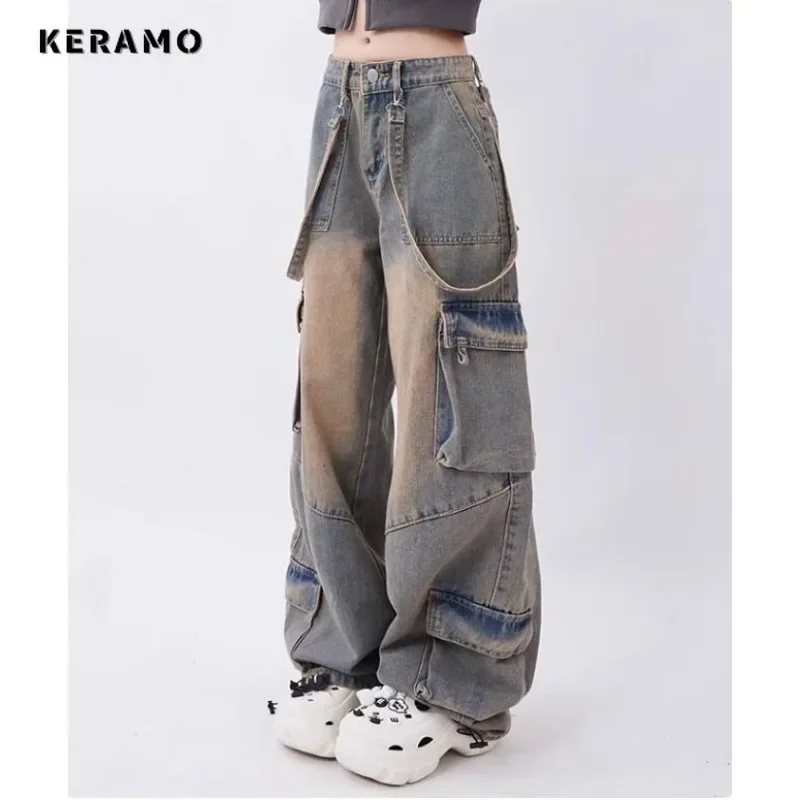 Damen Weite Bein Jeans Hohe Taille - Vintage Baggy Denim Hose Mit 4 Taschen