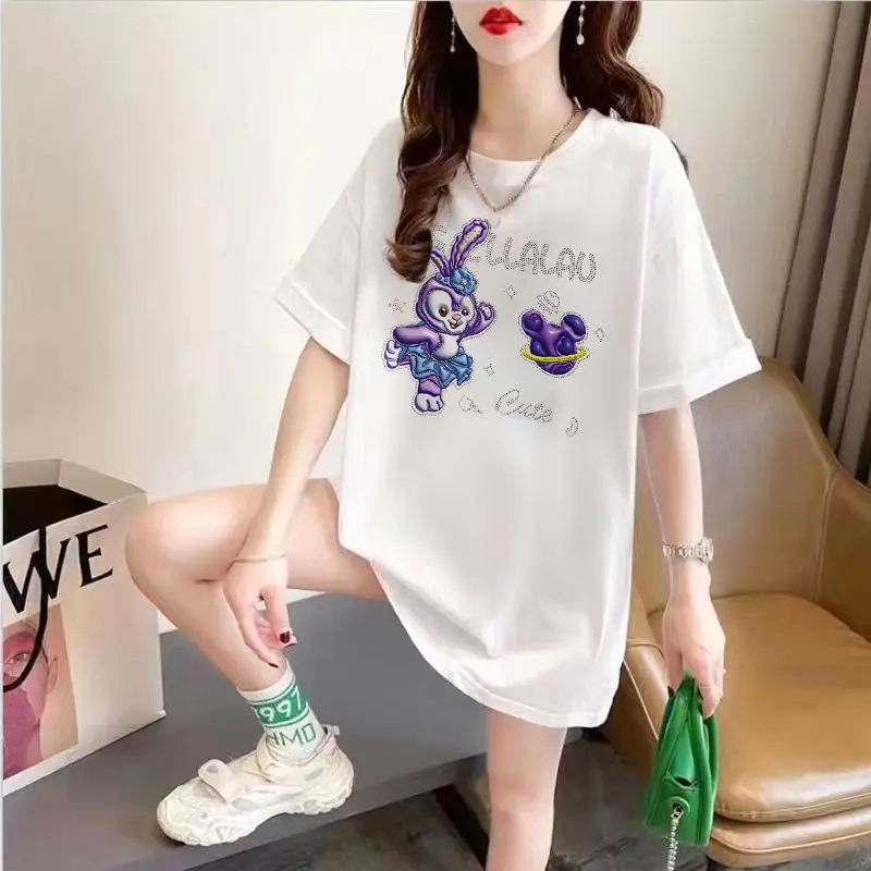

PAPATU Summer New Pure Cotton Hot Diamond Short Sleeve Rabbit Pattern Women's T-shirt Half Sleeve Medium Length Loose Top