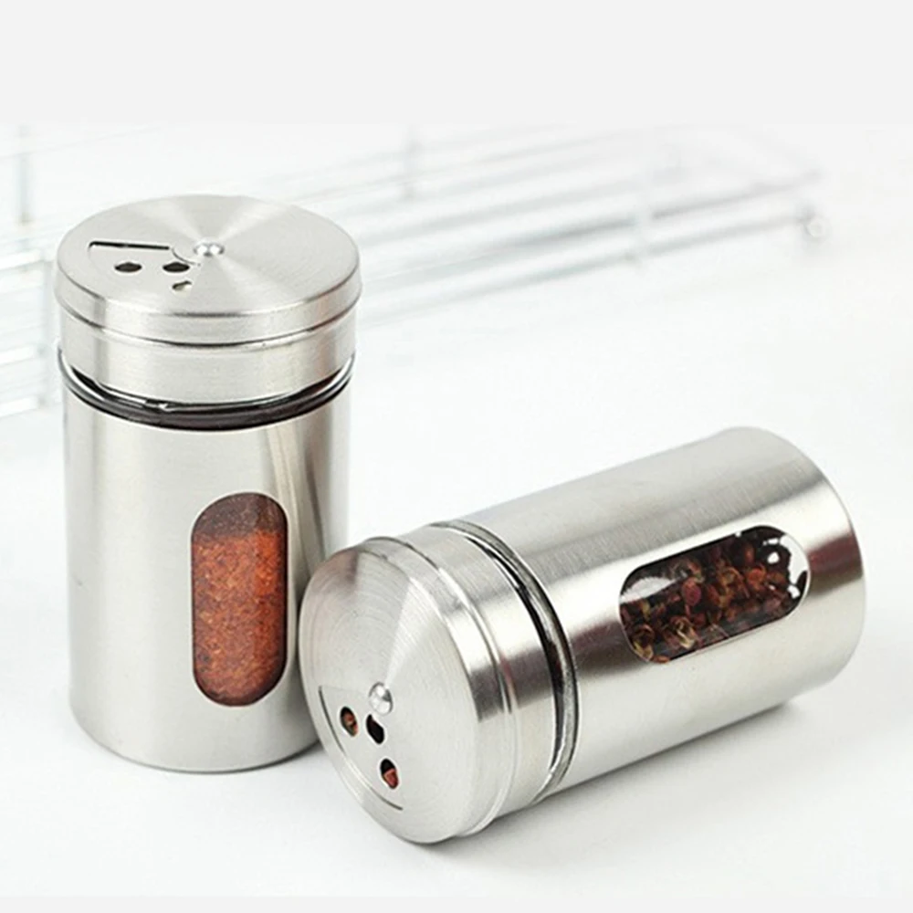 Stainless Steel Spice Seasoning Jar Built in Glass Bottle Rotating Cover Three Types of Perforation Methods: Large, Medium, And 5