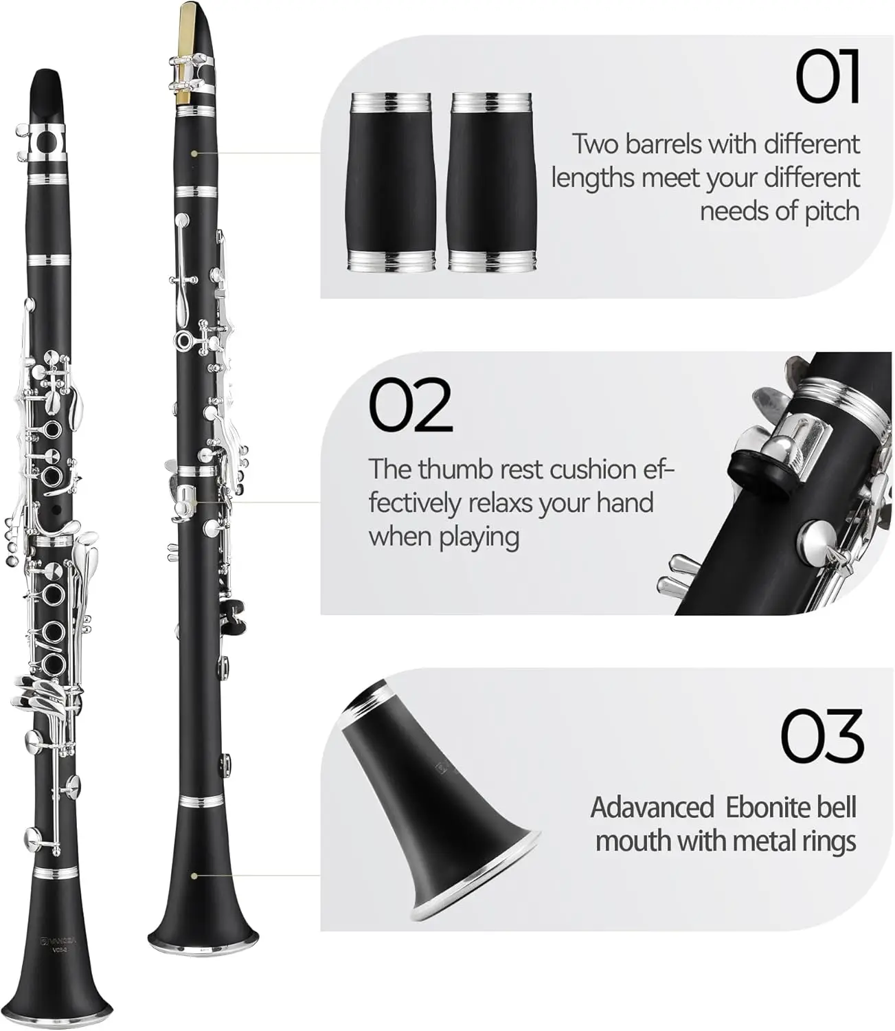 B Flat Clarinet for Beginners Intermediate, Upgraded Bb Ebonite Clarinet Silver-Plated for School Band Orchestra Adult St