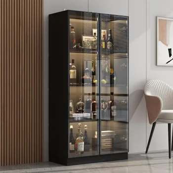 Homsee Bookcase Bookshelf 4-Tier Shelves, 2 Glass Doors and LED Lights, Wooden Display Storage Cabinet (31.5”W x 15.7”D x 63”H)