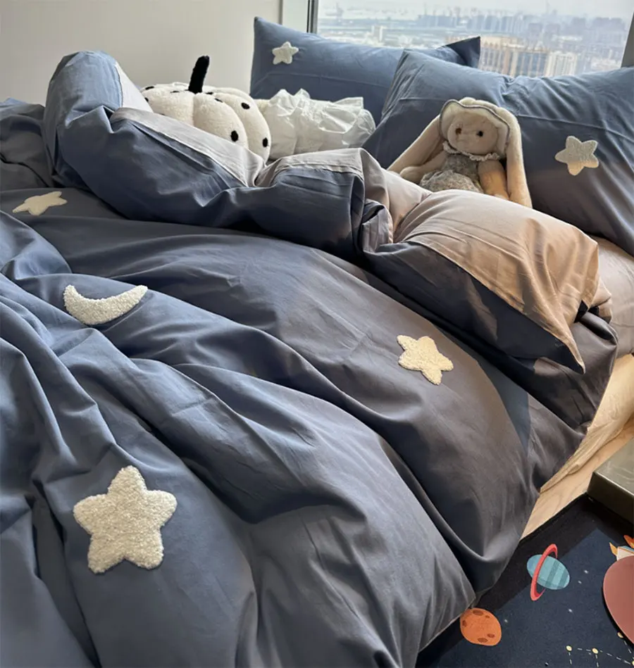 

Embroid star moon blue bedding set kid teen,twin full queen king lovely cotton home textile bed sheet pillow case quilt cover