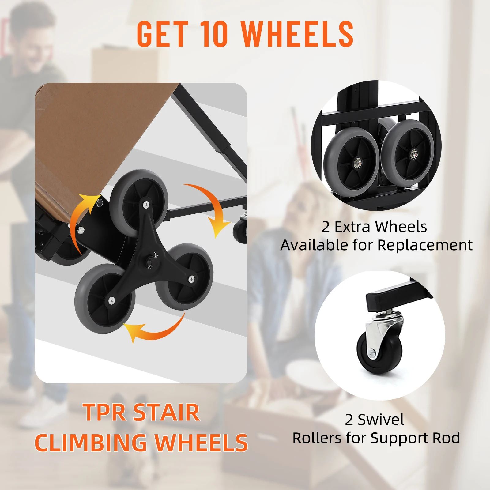 Stair Climbing Cart Heavy-Duty Hand Truck Dolly 375 lbs Stair Climber Hand Trucks with Adjustable Handle 10 Wheels Folding Cart