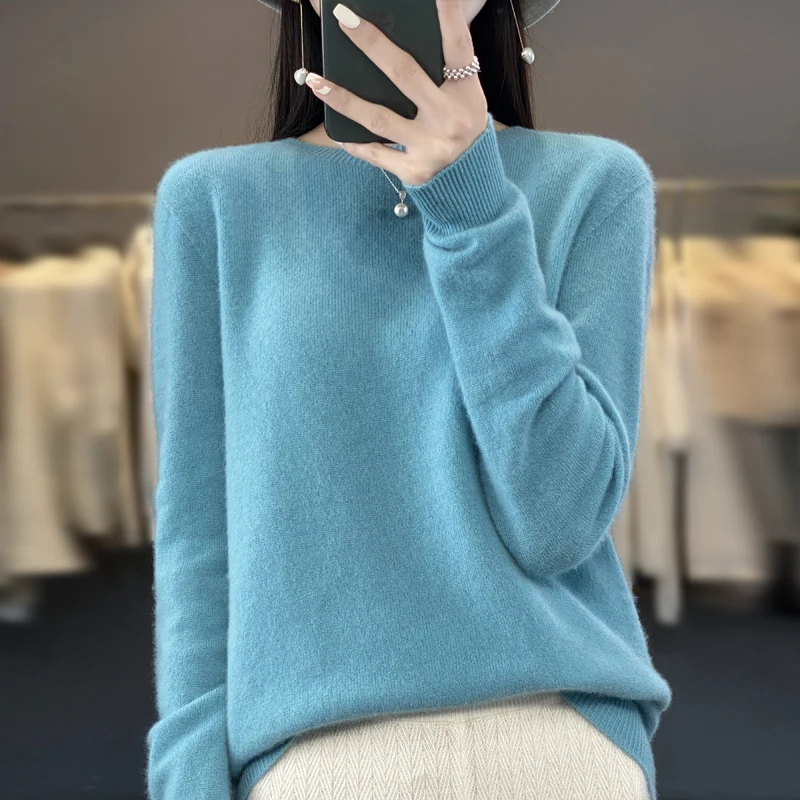 여성 가을, 겨울 신작 100% 메리노 울 솔리드 컬러 스웨터 풀오버 솔리드 컬러 오 넥 긴 소매 따뜻한 스웨터 탑