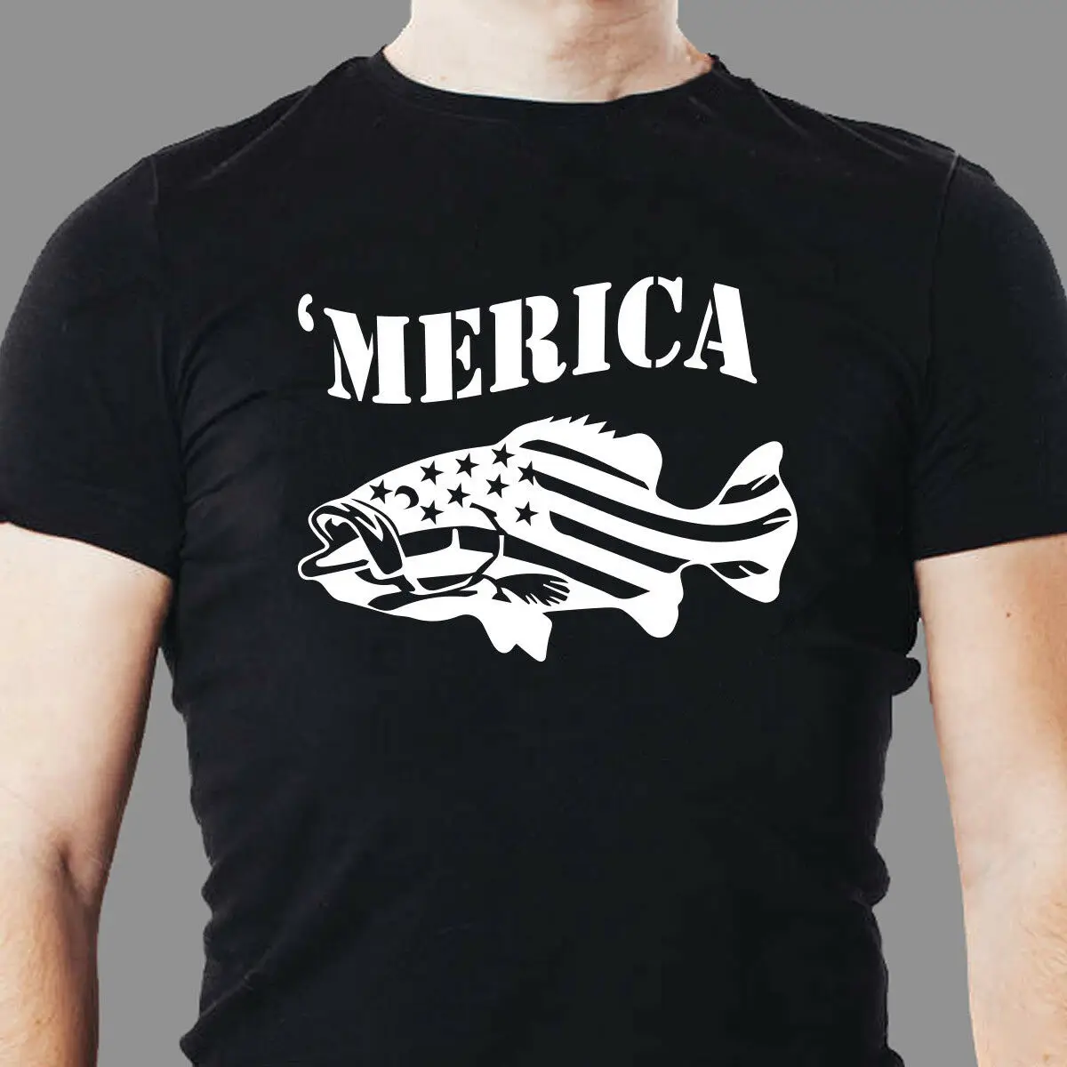 

'MERICA Bass Stars and Stripes Patriotic T-Shirt 100% Cotton O-Neck Summer Short Sleeve Casual Mens T-shirt Size S-3XL