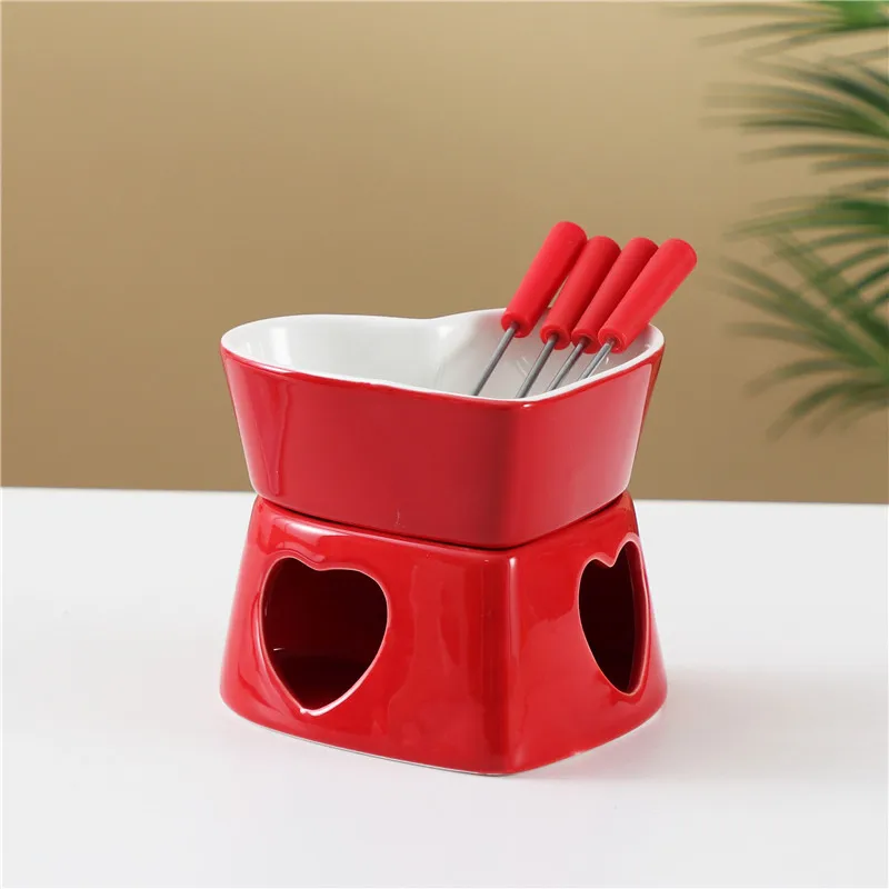 Red Heart shape fine porcelain chocolate fondue set, red romantic cheese melting fondue