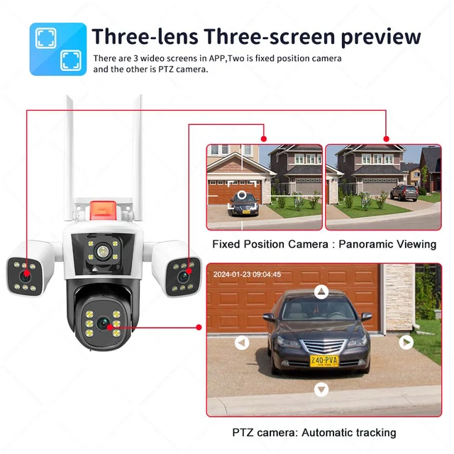 6K 12MP WiFi IP Camera Outdoor Three lens Panoramic View PTZ IP Camera Night Vision Security Protection CCTV Video Surveillance 4