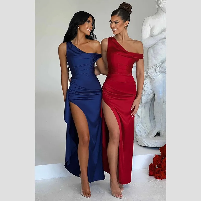 

Beach Clothes For Women Summer 2023 Pareo Swimsuit Cover Up New Sexy Slim Dress Slinged Fishbone Satin Slit Solid Spandex