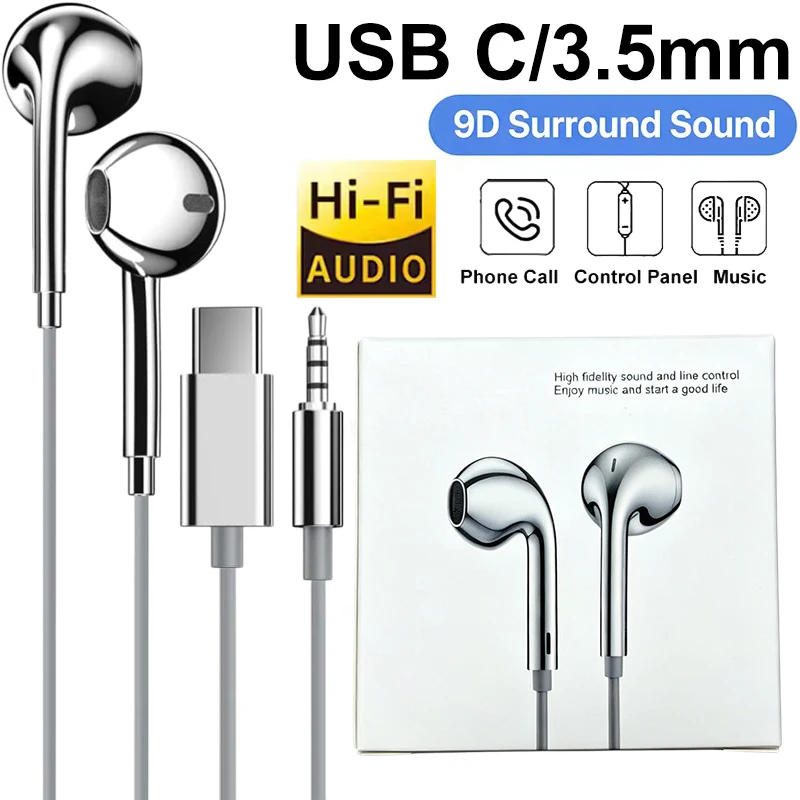 Premium Wired USB-C Earbuds with Mic & Volume Control - Chrome Silver