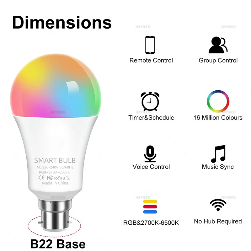 UK B22 베이스 투야 와이파이 스마트 전구 블루투스 램프, LED RGB 스마트 라이트, 220V 알렉사 구글 어시스턴트, 음성 제어 타이밍 앱 그룹