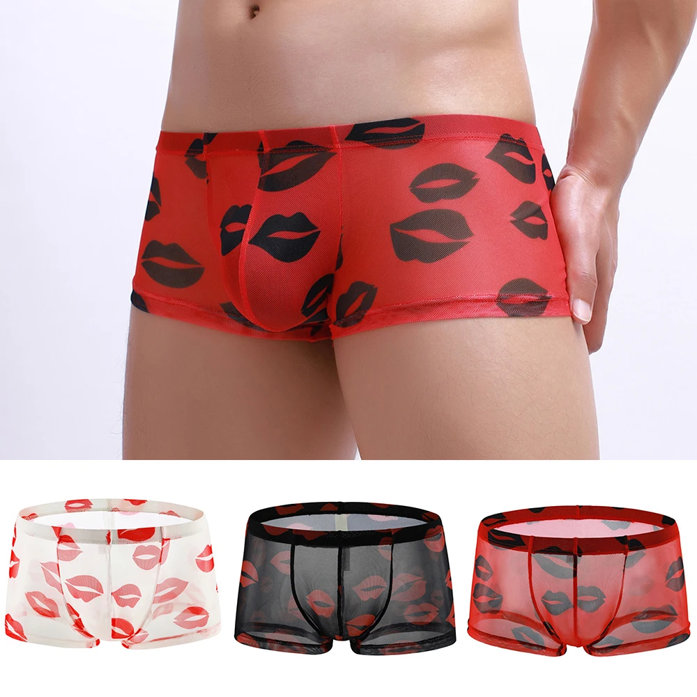 Mens Boxers Sexy Underwear Lip Print Stretch Shorts Mesh Panties See Through Thin Briefs Quick-Drying Low Rise Underpants men ultra thin t back sexy sheer mesh smooth underwear ice silk comfortable underpants breathable quick dry soft bikini thongs