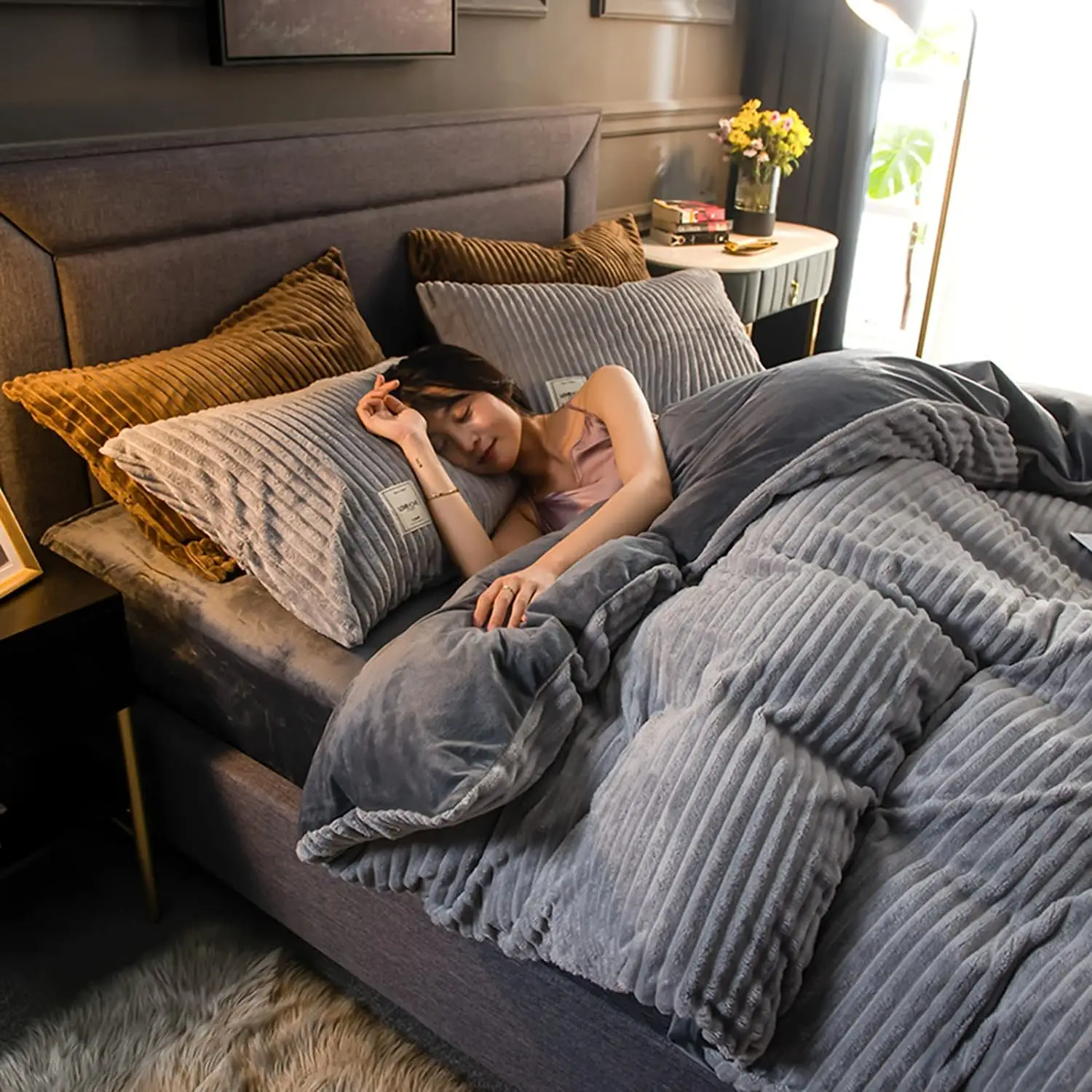 TFBHL Housse De Couette En Velours Côtelé épais, Housse De Couette De Luxe Ultra Douce Avec Fermeture éclair, Literie D'hiver Pour Lit Simple, Lit Double, Kaki King