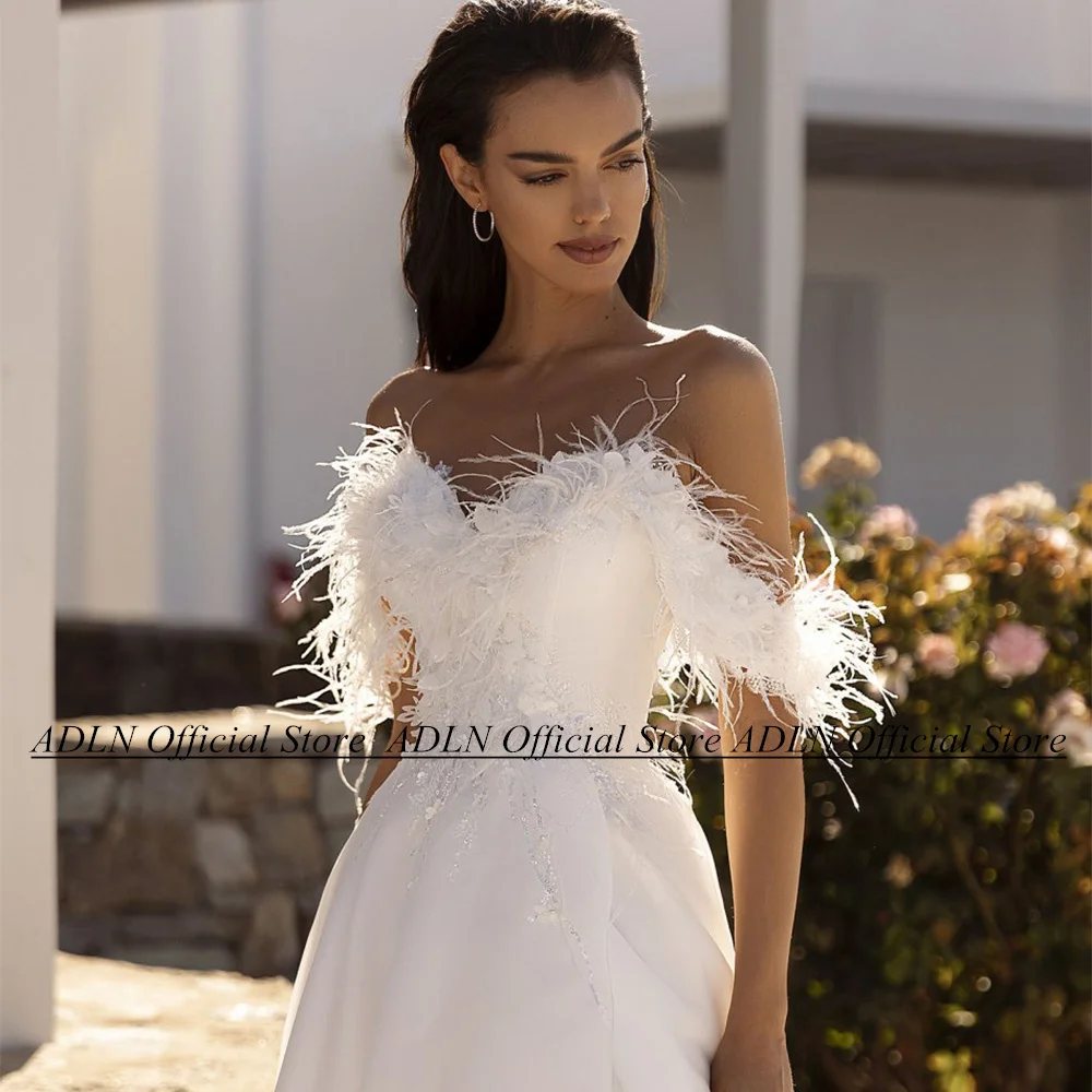 Organza Wedding Dress Feathers Customized Off Shoulder Sweetheart Sequin Applique A Line Sweep Train Women Bridal Gown Custom 3