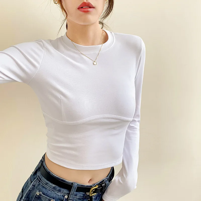 

Wholesale Base Slim Long Sleeve T Shirts Women 2023 Spring Autumn Crop Top High Strecth O Neck Simple Skinny Solid T Shirt