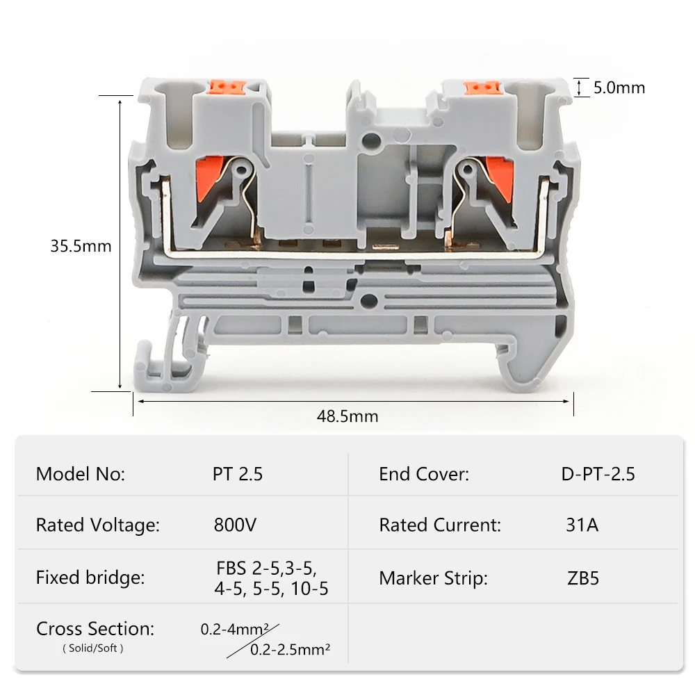 100Pcs PT 2.5 Spring Terminal Block 2.5mm DIN Rail Compact Electrical Wiring Secure Connection 3