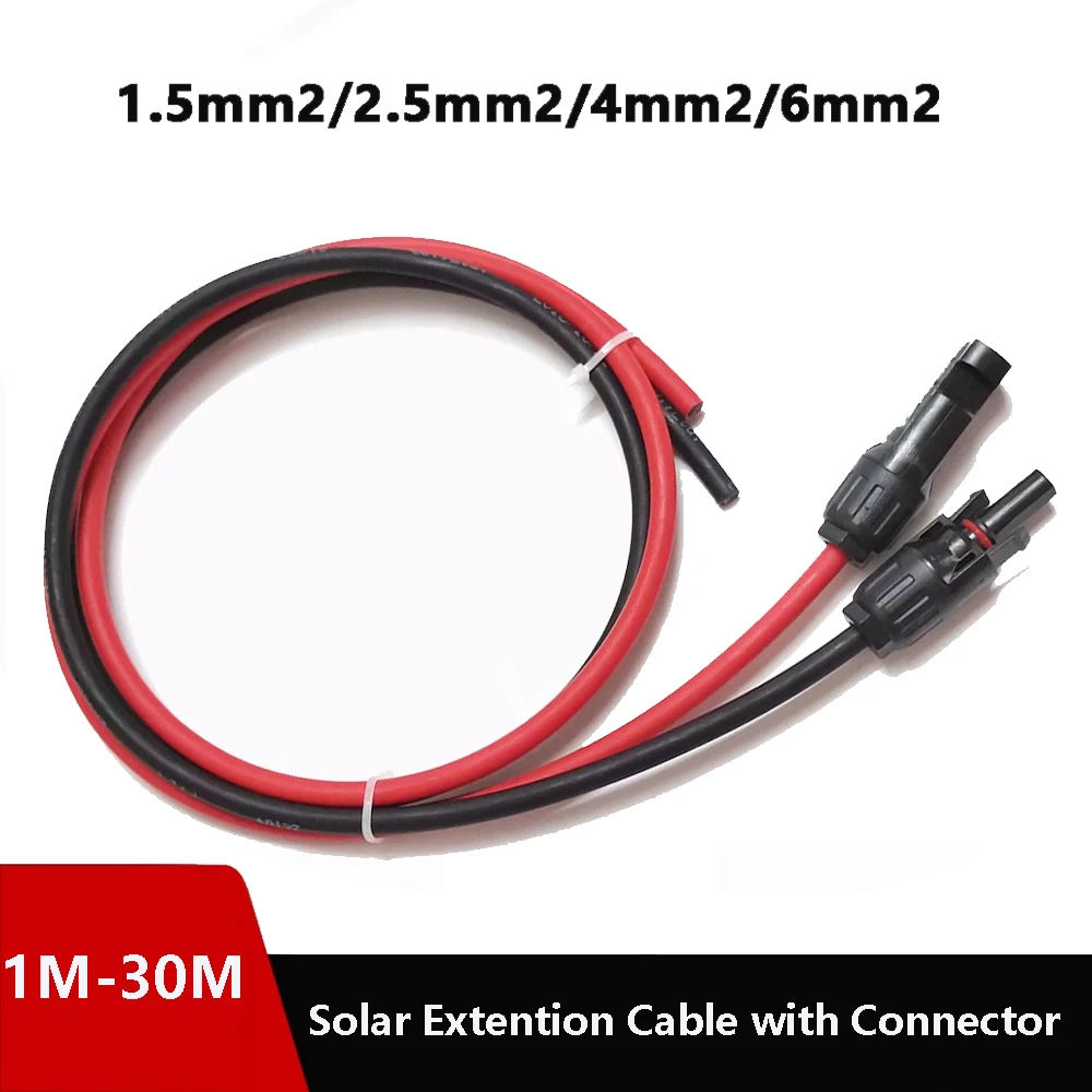 Câble d'extension de panneau solaire 6/4/2.5/1.5mm2 10/12/14/16AWG, fil de cuivre noir et rouge avec connecteur solaire 30A DC pour systèmes PV