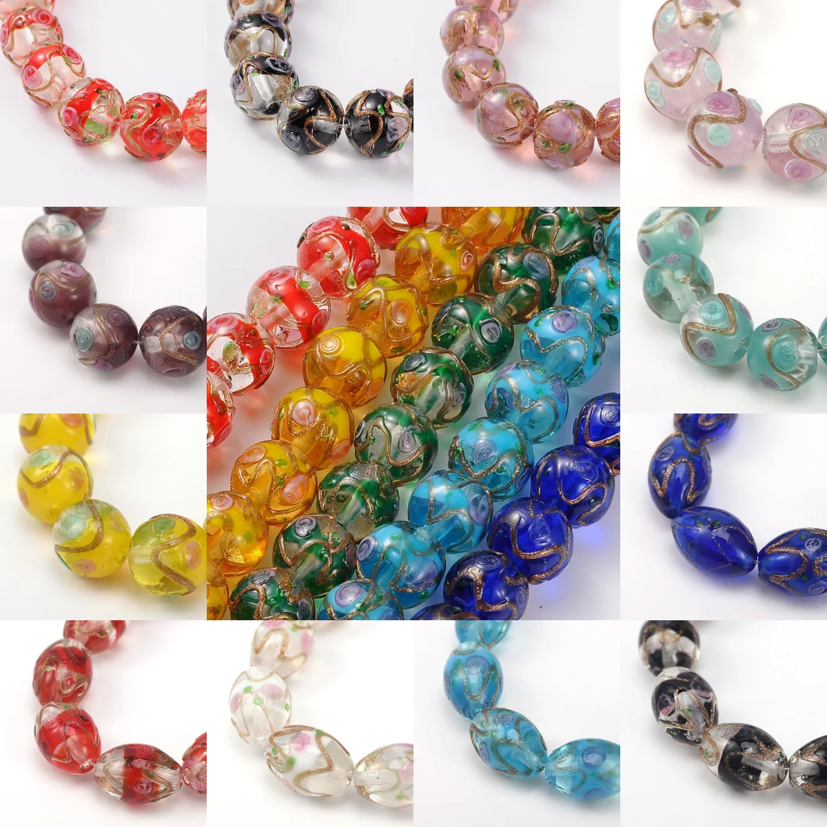 

50Pcs Round Oval Handmade Golden Sand Lampwork Beads Colorful Bumpy Glitter Flower Bead for Jewelry Making Bracelet Accessories