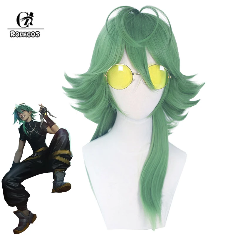 

ROLECOS LOL Heartsteel Ezreal Cosplay Wigs 50cm Long Straight Green Heartsteel Ezreal Men Wig Heat Resistant Synthetic Hair