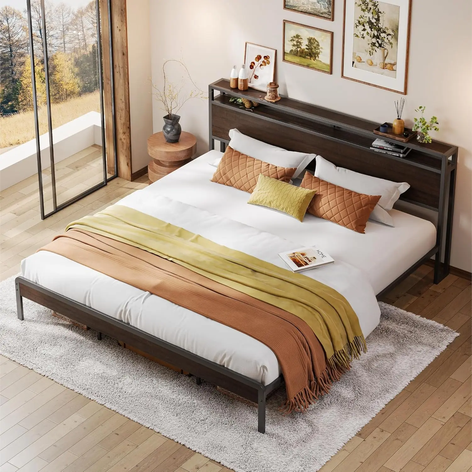 King Bed Frame with Headboard, Dark Wood Camas King with Strong Supports, Sturdy, Noise-Free, No Box Spring Needed, Dark Brown