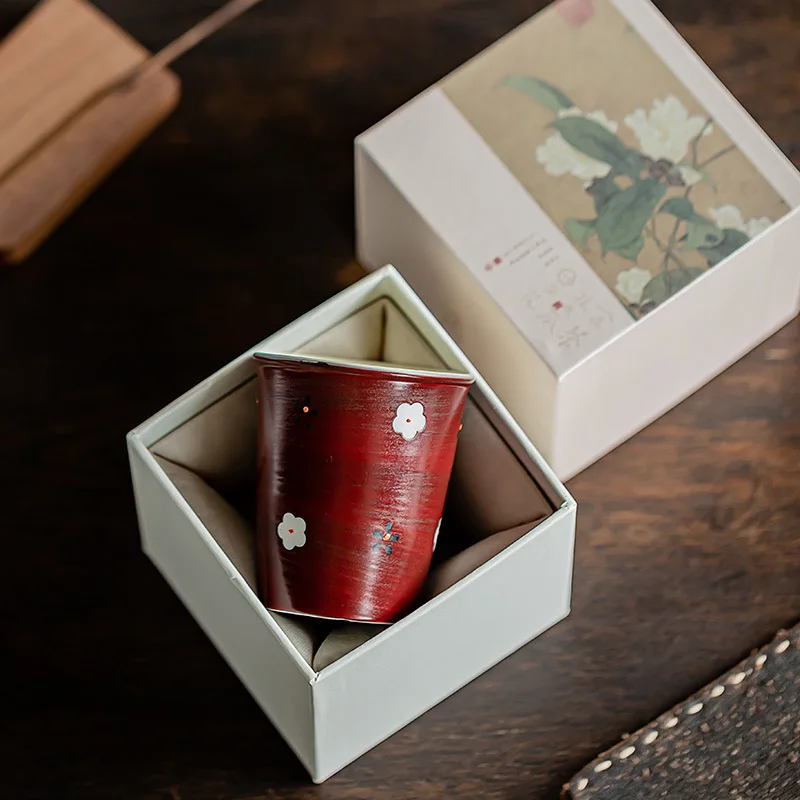 Pink hawthorn red hand-painted plum blossom double porcelain set, retro small capacity tea cup, household tea set