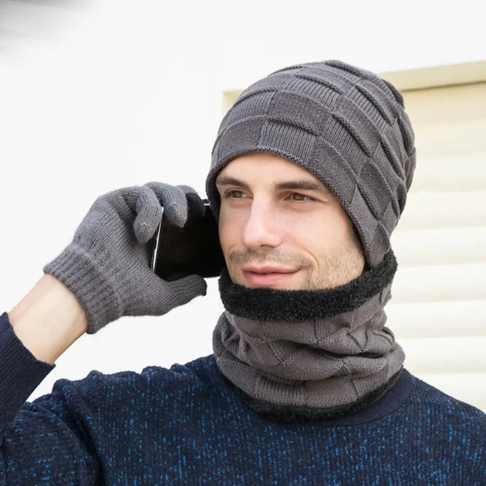 Comfortable Casual Fashion Elastic Winter Man Beanies Knitted Cap Gloves Man Scarf Gloves Neck Suit