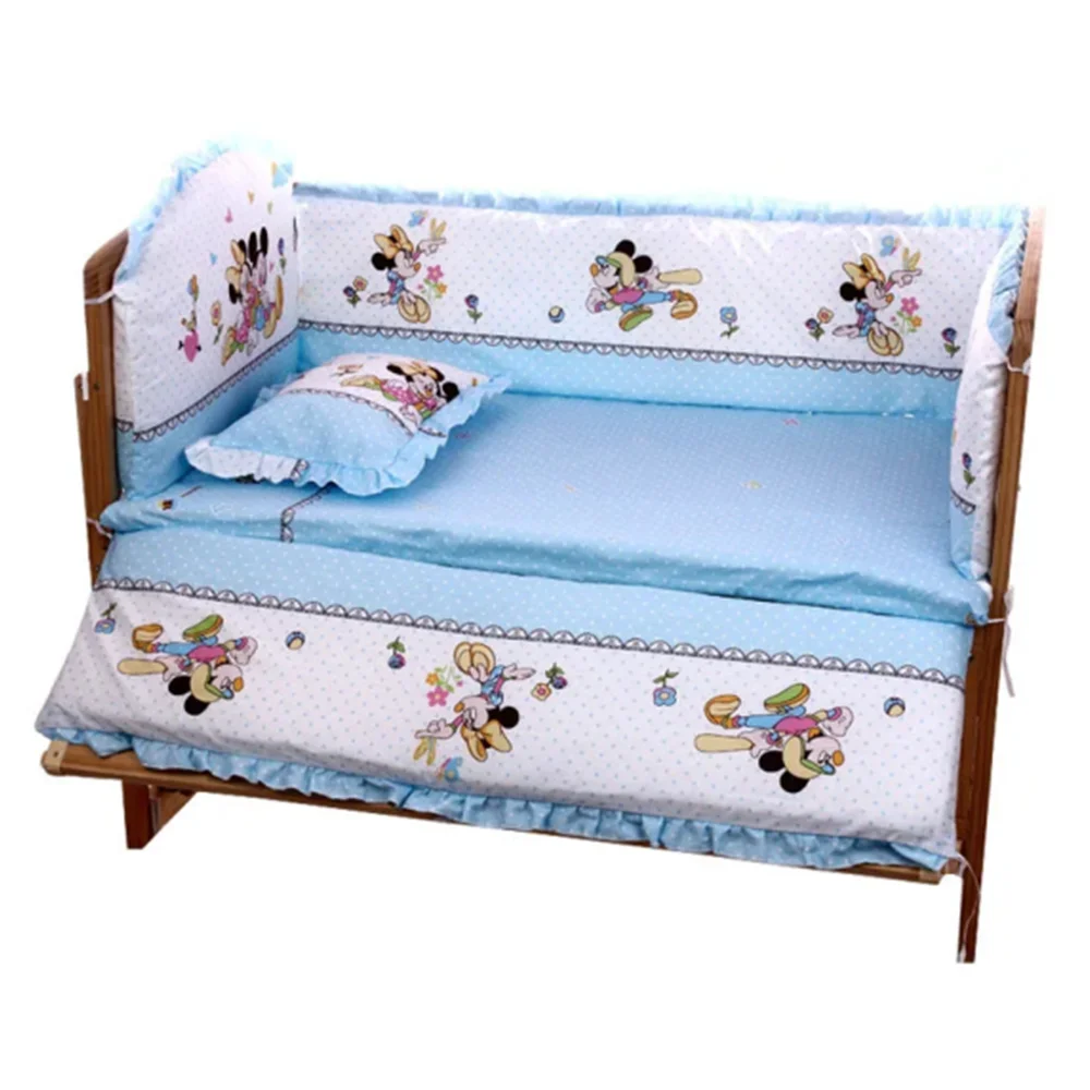 Baby Crib Bedding Set 6Pcs for Mickey Mouse Girls Boys Newborn Infant Toddler (4Bumpers+Matress+Pillow) baby crib sheet baby crib bumper baby pillowcase baby napping pad