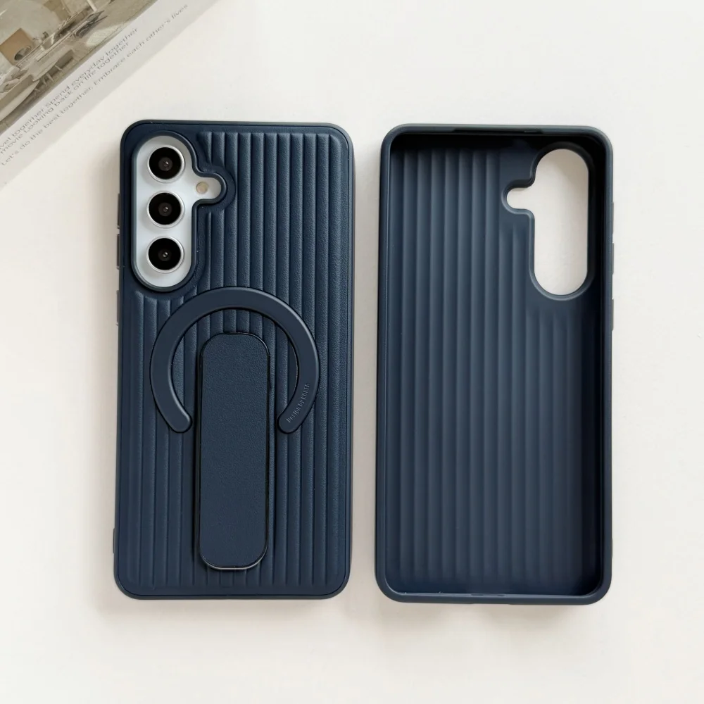 Adjustable Ring Holder Leather Magnetic Case with Creative Corrugated Stripe Cover