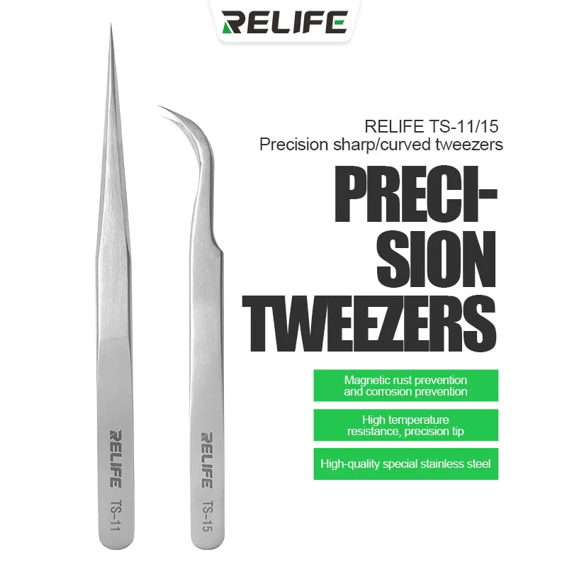 

RELIFE TS-11 TS-15 Precision Sharp/Curved Tweezers Stainless Steel High Hardness Tweezer for Phone Repair Tools