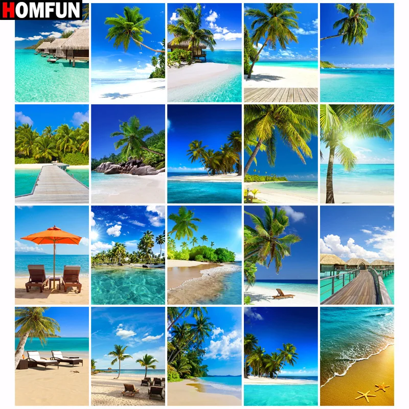 HOMFUN Full Diamond Painting "Scenery Palm Beach" Resin Drill Embroidery 5D Diy Diamond Painting Set