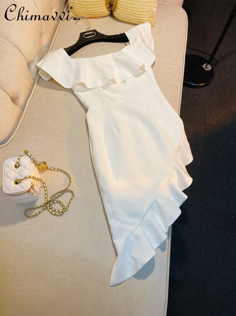 

Высококачественное женское короткое платье с открытыми плечами, оборками на рукавах, высокой талией, облегающее асимметричное нижнее белье, белые мини-платья для женщин на лето