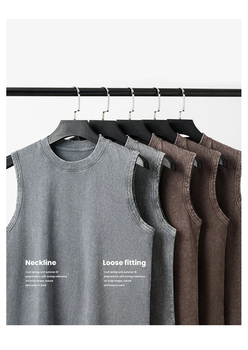 230g Pure Cotton European and American High Street Retro Washed Distressed Sleeveless Vest Men's Casual Loose Shoulder T-shirt