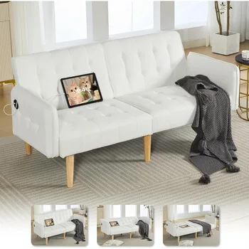 65" Faux Leather Convertible Futon with USB 1