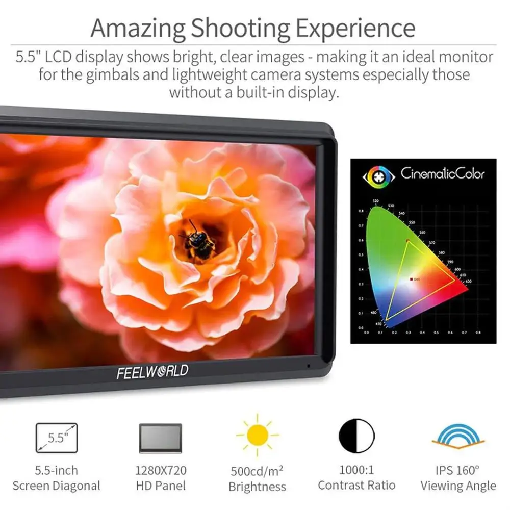 S55 5.5 Inch DSLR Camera Field Monitor Focus Assist Small HD 1280x720 IPS with 8