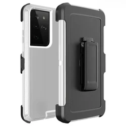 Ultimate 3 - in - 1 Shockproof Military Armor Phone Case with Belt Clip Cover for Galaxy S22 Ultra (Grey white)