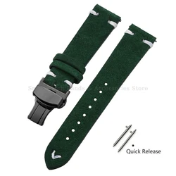 Vintage Handmade Suede Stitch Leather Watch Strap with Quick Release and Folding Clasp - 22mm (GreenWhite - Black)