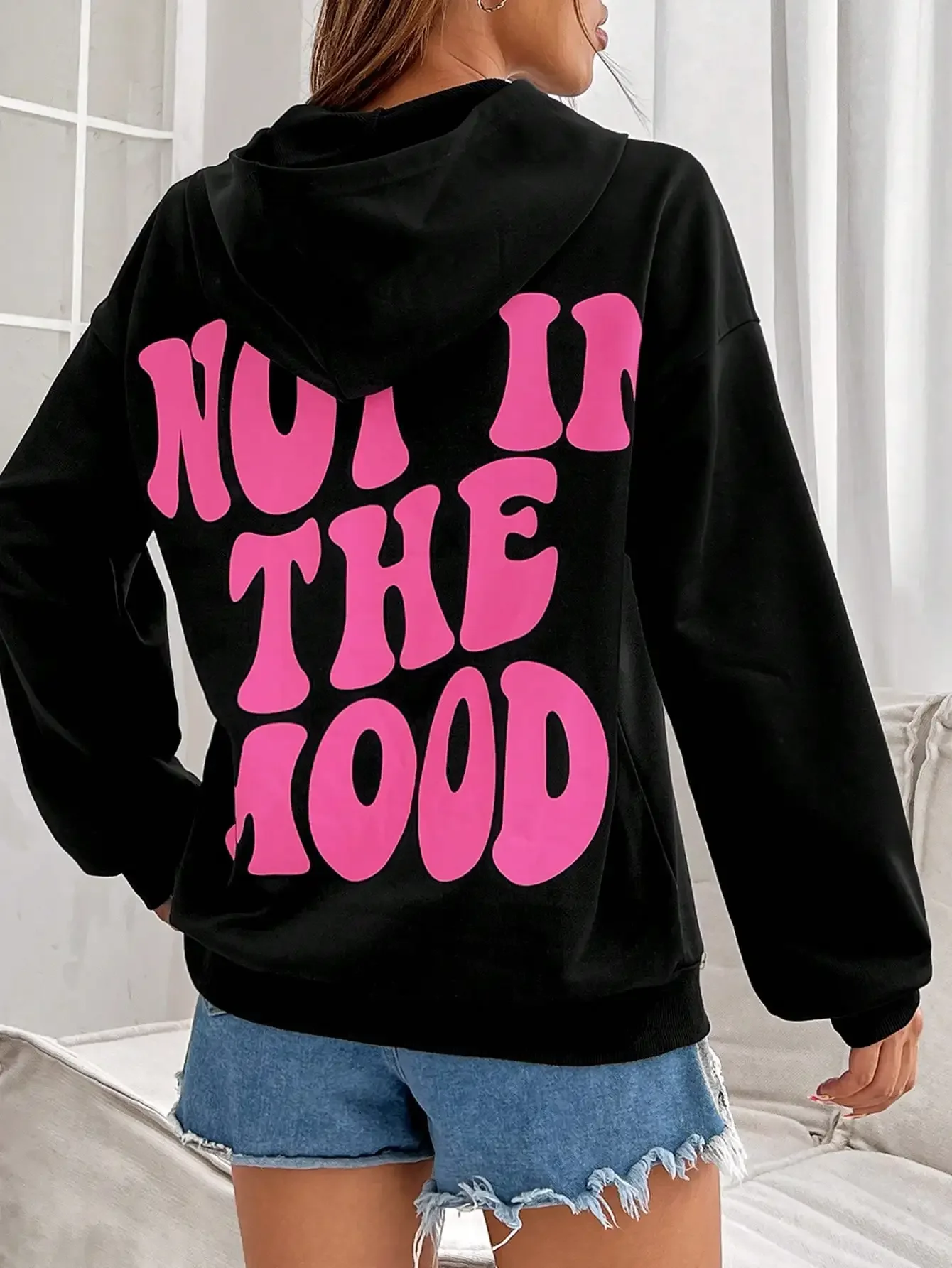 

Not In The Mood Aesthetic Words Print Sweatshirt Women Harajuku Casual Hoody Hip Hop Pocket Hoodies Autumn Warm Female Clothes