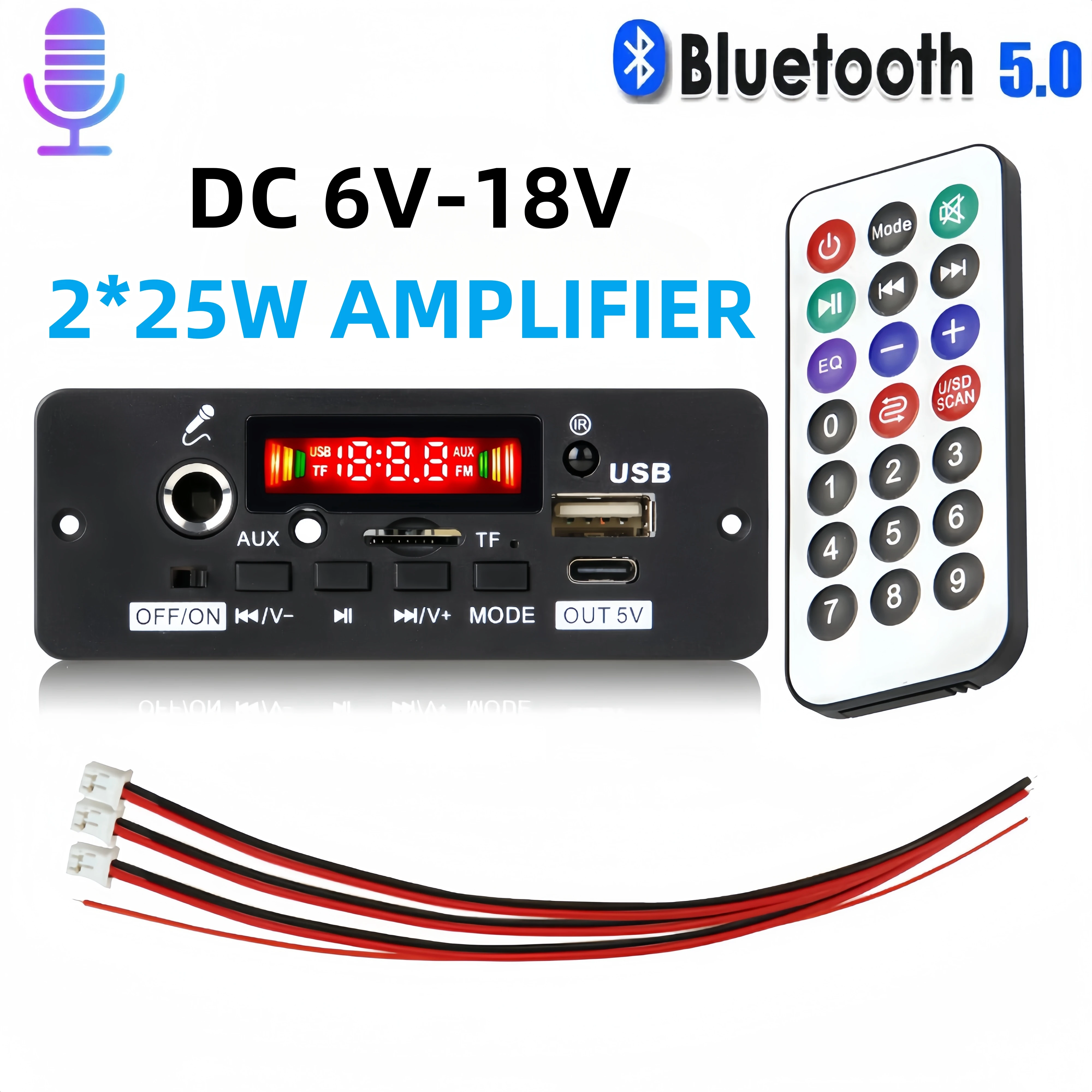 Placa MP3 Bluetooth Para Coche – DC 7-18V, Radio FM, 2x25W, Módulo Audio Decodificador