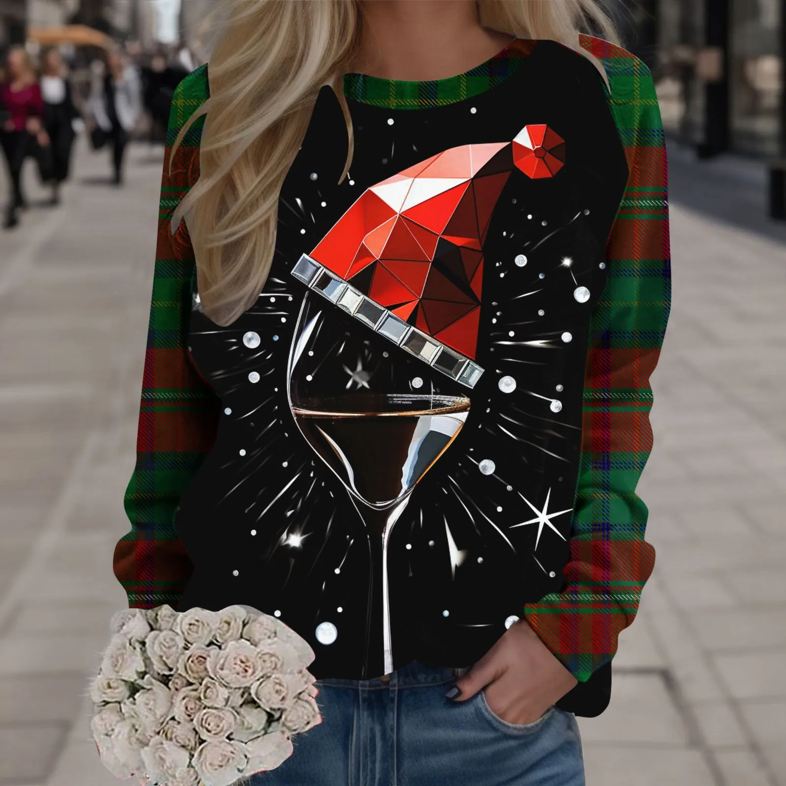 

Clothes For Women Fun Christmas Santa Claus Tree Snowflake Elk Printing Striped Warm Hoodless Sweatshirt Womens Autumn Pullovers