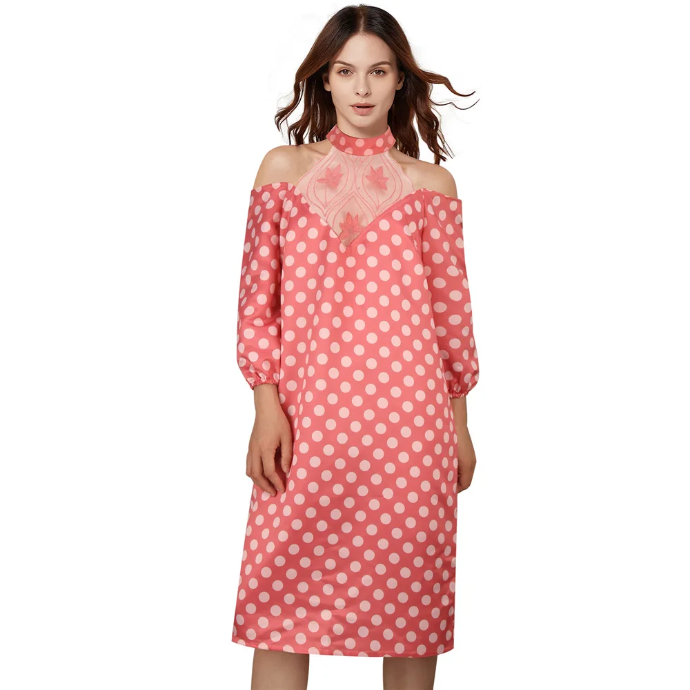 Pretty in Pink Andie Walsh Prom Dress 80's Cosplay Costume Women's Pink Off Shoulder Polka Dotted Maxi Dress Party Gown