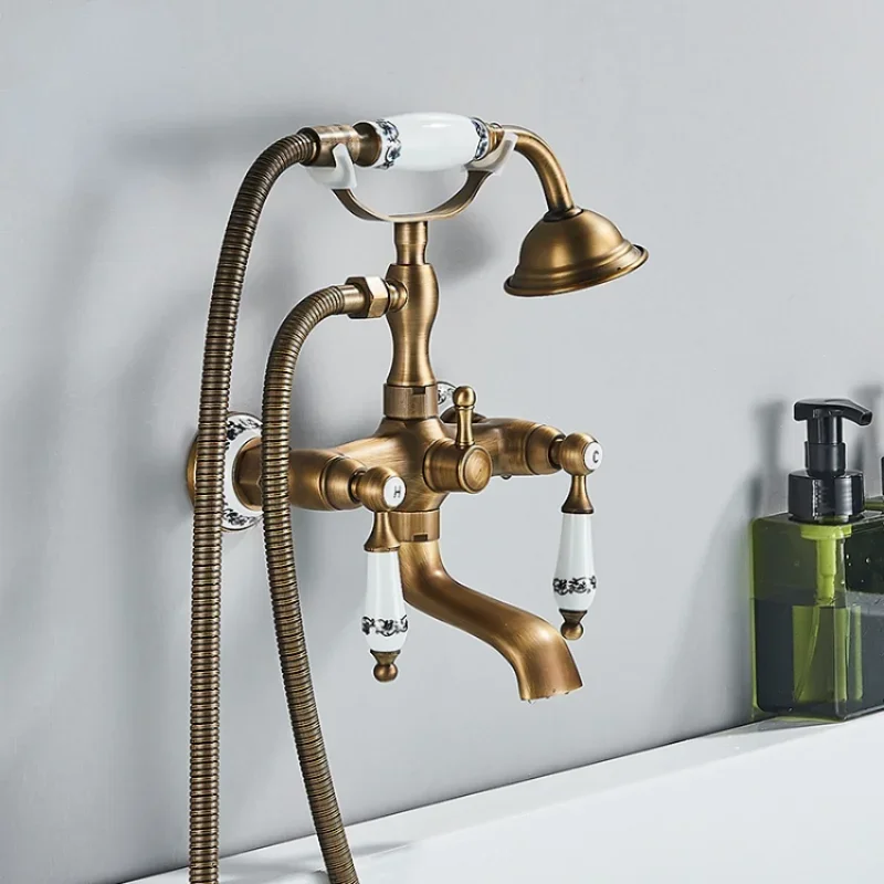 

Brass Bathtub Shower Faucet Set Dual Knobs Wall Mounted Mixer with Handshower and Swivel Tub Spout Tap