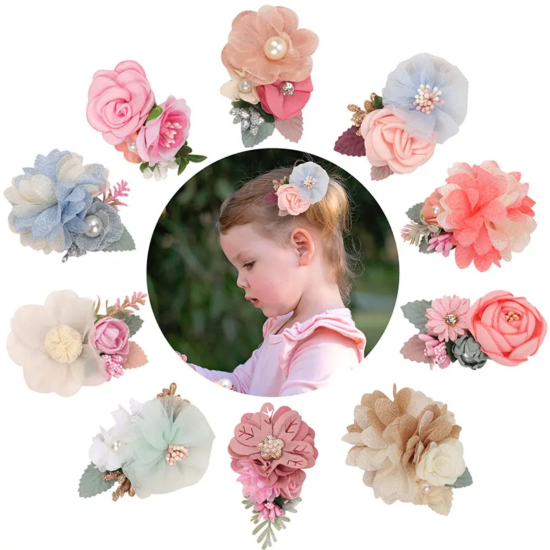 Big Artificial Flower Hair Clips Cute Baby Girls Hairpins Newborn Pearl Barrettes Hair Decoration Kids Headwear Accessories