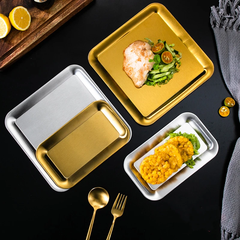 Thick Stainless Steel Shallow Tray Rectangular Gold Serving Plate Restaurant BBQ Seafood Plate for Food Large Flat Storage Trays 2