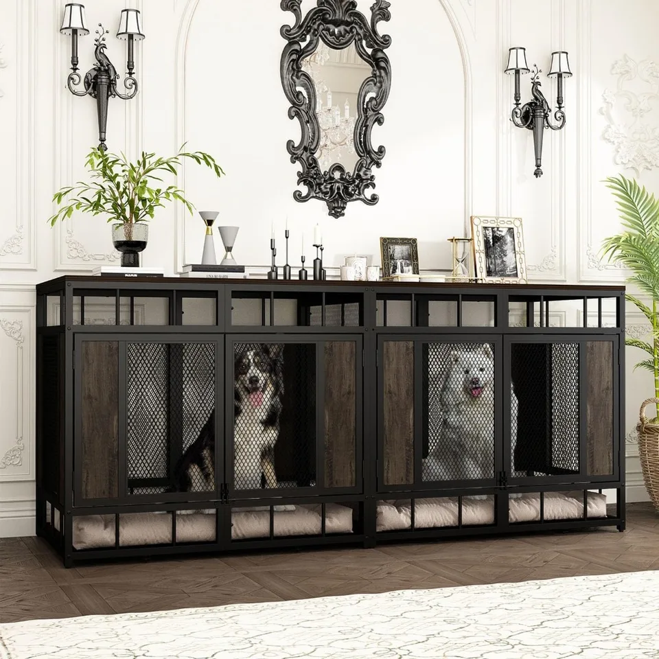 furniture dog crate, 71" heavy duty wood dog cage kennel house furniture with a removable divider, indoor dog crate table tv sta